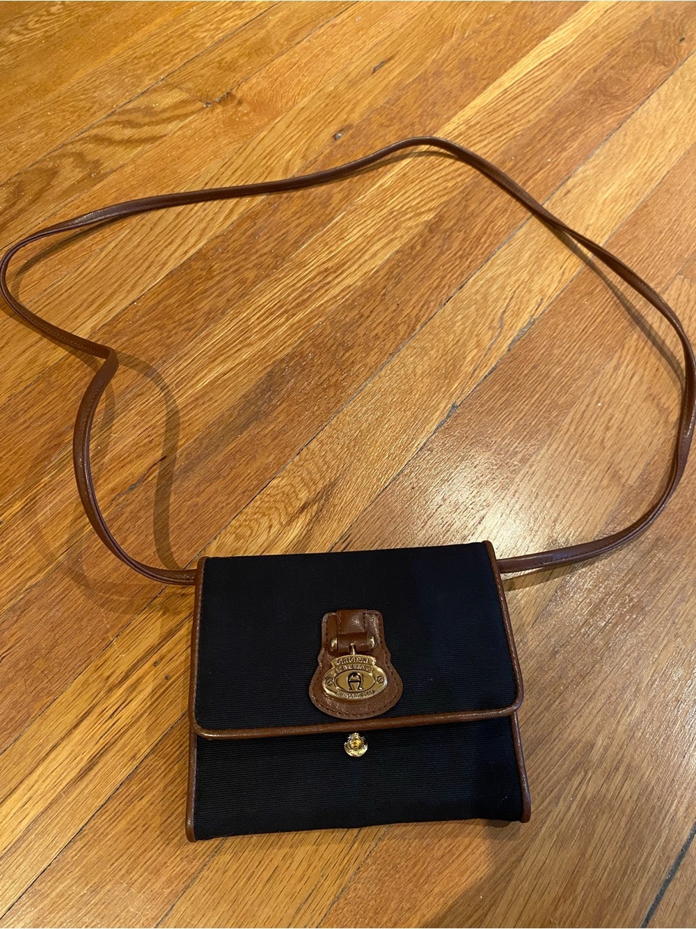 Vintage Etienne Aigner Black Canvas & Brown Leather Wallet Crossbody Purse